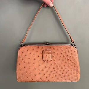 CORBEAU Ostrich Leather Handbag Tan Brown Rare Vintage Softshell 1950s 1960s - Picture 1 of 10