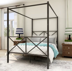 Full Size Metal Canopy Bed Frame Platform Bed with Headboard & Footboard Black - Picture 1 of 8
