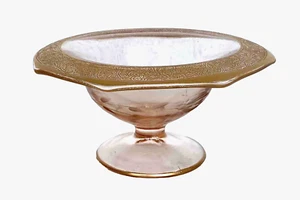 Antique Gold Rim Footed Pink Glass Compote Etched Rolled Octagon, 7-1/4" Wide - Picture 1 of 13
