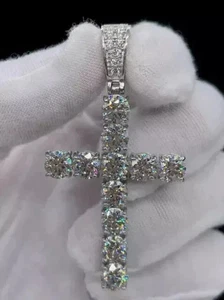 Lab-Created Diamond Round Cut Men's Cross Pendant 14K White Gold Plated - Picture 1 of 4