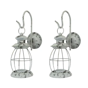 Set of 2 Rustic Distressed Metal Wall Mounted Railroad Lantern Hanging Sconces - Picture 1 of 4