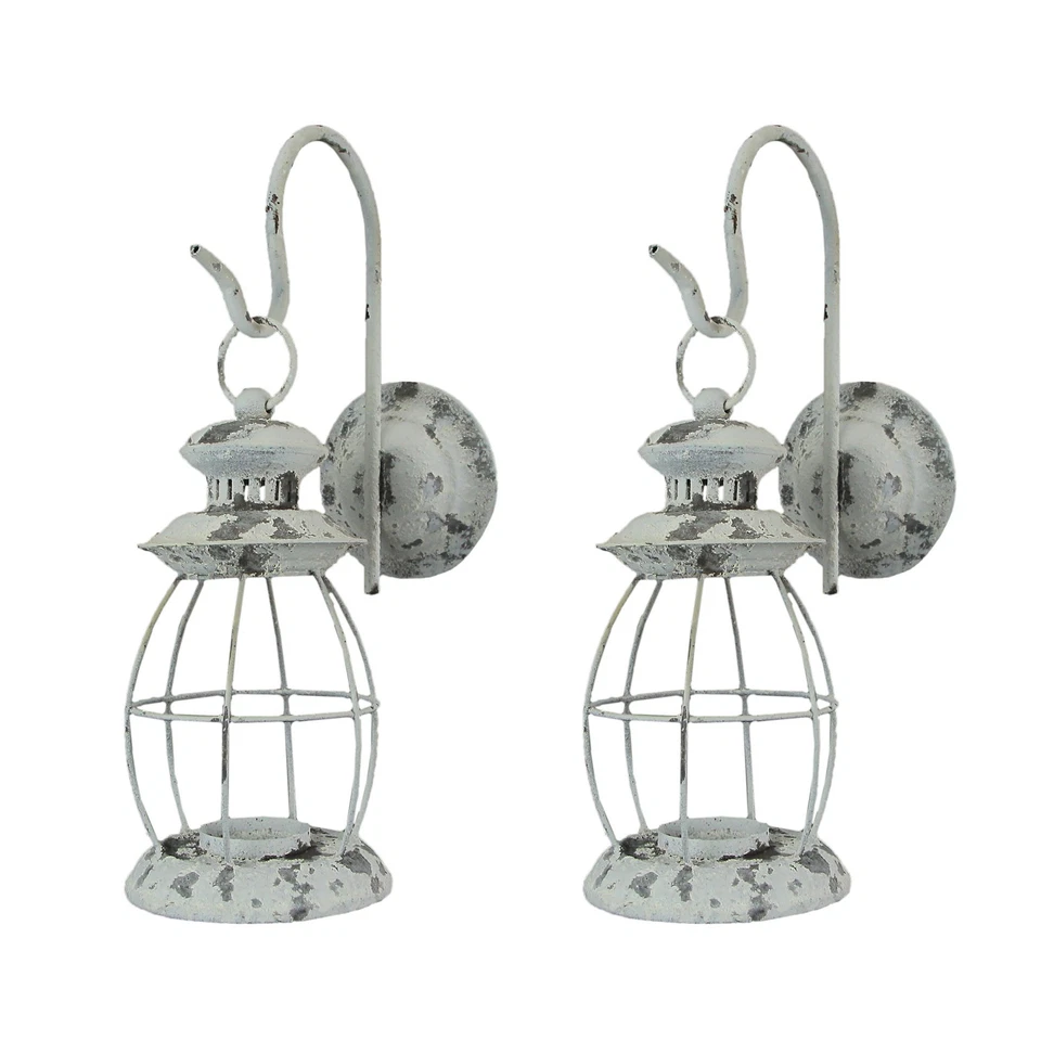 Set of 2 Rustic Distressed Metal Wall Mounted Railroad Lantern Hanging Sconces - Image 1 of 4