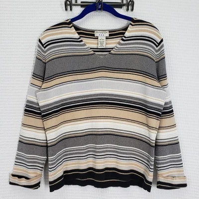 Suéter Vintage Covington Y2k Cuello en V Mujer Grande Gris Rayas Algodón Acanalado Foto 1 de 4