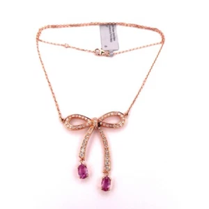 18K Rose Gold Pink Sapphire & Diamond Bow Tie Necklace 16-18” - Picture 1 of 8