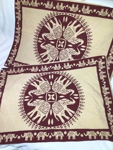 pair of handmade pillowcase shams Indian India  elephants tan & burgundy - Picture 1 of 4