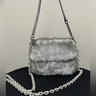 Silver Real Mink Fur Handmade Fold Over Flap Purse/Shoulder Bag/Crossbody - Image 1 of 4