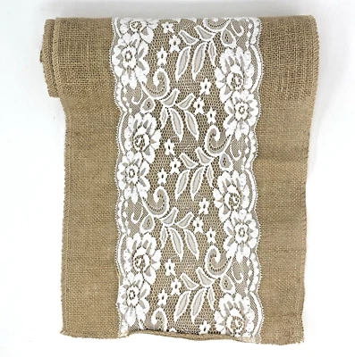 Table Runner Beige Burlap Lace Set of12 Piece 96"x12" Decoration Event Wedding - Image 1 of 4
