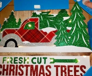 Led Lighted Sign Glitter Wood Christmas Red Truck Fresh Cut Christmas Trees - Picture 1 of 4