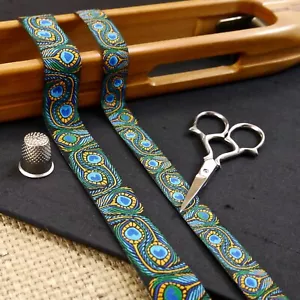 Designer Peacock Feathers Blue/Green Jacquard Ribbon Art Deco Dog Collar MA901 - Picture 1 of 5