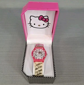 HELLO KITTY Sanrio Watch Pink & Clear Rhinestone Pink Spellout Band Analog w Box - Picture 1 of 15