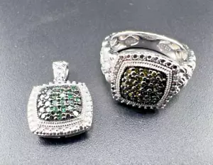STERLING SILVER 925 GREEN DIAMOND PAVE SQUARE PENDANT & RING SET LOT - Picture 1 of 6