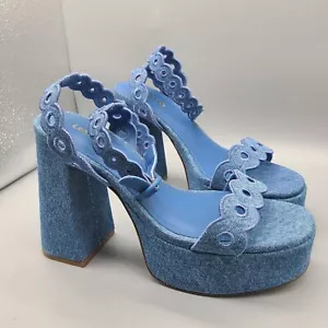 Larroude Dolly Broderie Sandals stoned Blue Denim Platform chunky heel 8.5 new - Picture 1 of 14