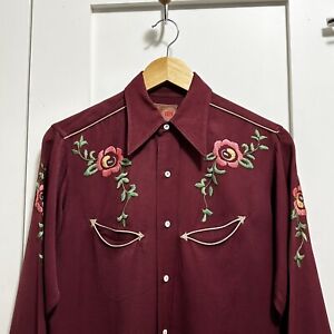 Vintage 40s 50s One-O-One Gabardine Western Shirt Rockabilly Floral Maroon USA