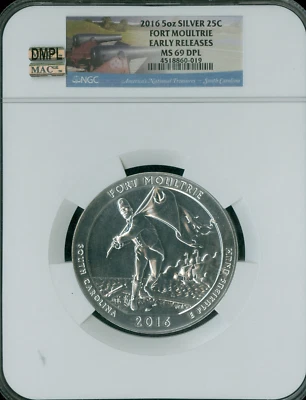 2016 FORT MOULTRIE PARKS 5 OZ QUARTER NGC MS69 DPL DMPL PQ MAC SPOTLESS . - Image 1 of 2