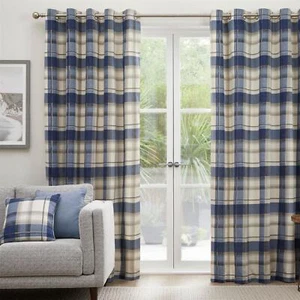 Fusion Balmoral Check 100% Cotton Pair of Eyelet Curtains in Navy - Picture 1 of 6