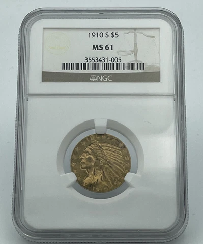 1910-S NGC MS61 $5 Gold Indian Cover