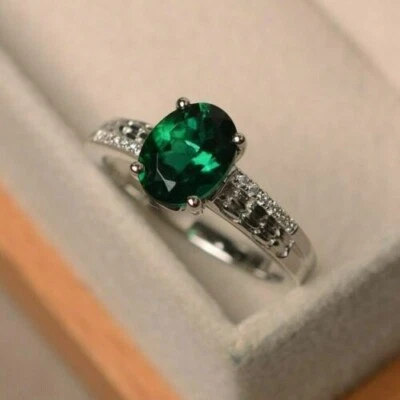 2.20Ct Oval Cut Lab-Created Green Emerald Anniversary Ring 14K White Gold Plated - Image 1 of 4