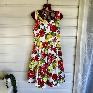 Jacqui E Dress Womanly Size 12 Floral Multicoloured Pleated Rockabilly Fit&Flare - Picture 1 of 18