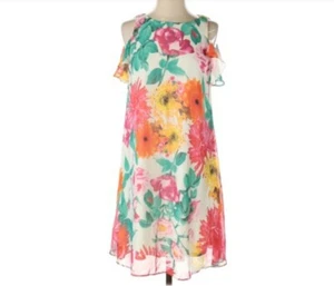 Eliza J Size 4 Cold Shoulder Bright Floral Shift Dress Chiffon Garden Party - Picture 1 of 4