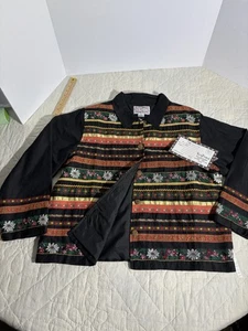 Tantrums XL Embroidered Jacket Button Front Boho Floral Trim Black Viscose Top - Picture 1 of 7