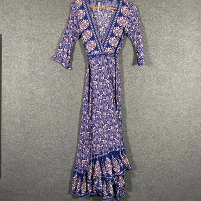 Indikah Dress Womens 10 Black Pink Wrap Paisley Midi Boho Flowy Cocktail Z55 - image 1 of 4