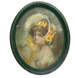 Metall Blech Litho Salon Bar Serviertablett Frau Portrait Haube Floral Antik - Bild 1 von 12