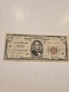 1929 5$ Dollars Federal Reserve Bank Note of New York, N.Y. Brown Seal - Picture 1 of 3