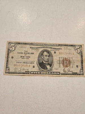 1929 5$ Dollars Federal Reserve Bank Note of New York, N.Y. Brown Seal - Image 1 of 3