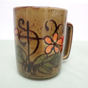 Vintage Otagiri Speckled Mug Olive Green With Orange Flowers Ceramic  - Picture 1 of 9