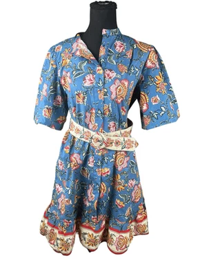 JOIE Floral Manga Abullonada Botón Delantero Mini Camisa Vestido Algodón Azul Baja Talla 8 Foto 1 de 4