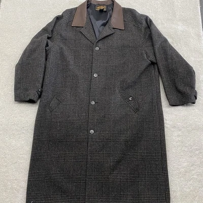 Eddie Bauer Wool Tweed Glen Plaid Leather Collar Overcoat Trench Coat Mens XXL - Image 1 of 4