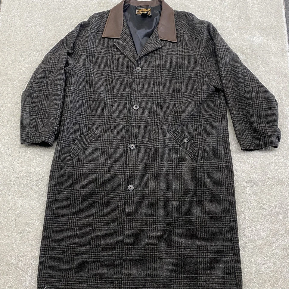 Eddie Bauer Wool Tweed Glen Plaid Leather Collar Overcoat Trench Coat Mens XXL - Image 1 of 4