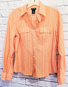 Rafaella Button Up Shirt Women’s 6 Orange White Striped Pockets Long Sleeve Top - Picture 1 of 6
