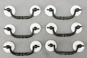 Drawer Pull Handle Set 6 Drop Bail Porcelain Ceramic Backplate Brass Antique - Picture 1 of 6