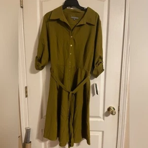 NWT Sharagano Spanish Olive Button Front Tiered Pleated Dress Sz 16 Roll Sleeve - Picture 1 of 9