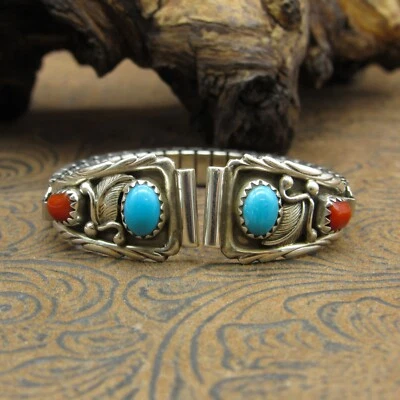 Юго-западный ремешок для часов из чистого серебра с бирюзой и кораллами - Изображение 1 из 4