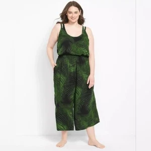 Cacique Swim Sz 26/28 Green Black Tropical Print Jumpsuit Coverup Beach Pockets - Picture 1 of 11