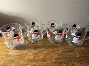 Crate and Barrel Snowman Glass Mugs Set of 4 Red Scarf Black Hat Luminarc - Picture 1 of 8