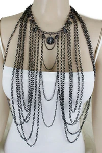 Women Long Black Metal Body Chain Jewelry Fashion Harness Necklace Coin Earrings - Bild 1 von 12