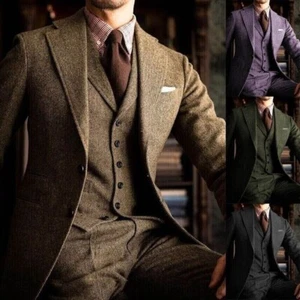 Herren Dünner Tweed Anzug Einreihige Jacke Blazer Smoking Sakko Hochzeit Custom - Picture 1 of 14