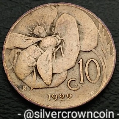 Italy 10 Centesimi 1922 R. KM#60. Bronze Ten Cents coin. Honey Bee. Honeybee. LT — 第 1/4 张图片