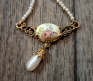 Vintage "1928 signierte Kunstperlen Strang Y Tropfen Lavalier Halskette rosa roségoldfarben - Bild 1 von 19