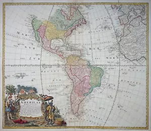 AMERICA AMERICAE MAPPA GENERALIS ANTICO COLORE OMANN VULCANI PALME PACIFICO 1746 - Foto 1 di 10