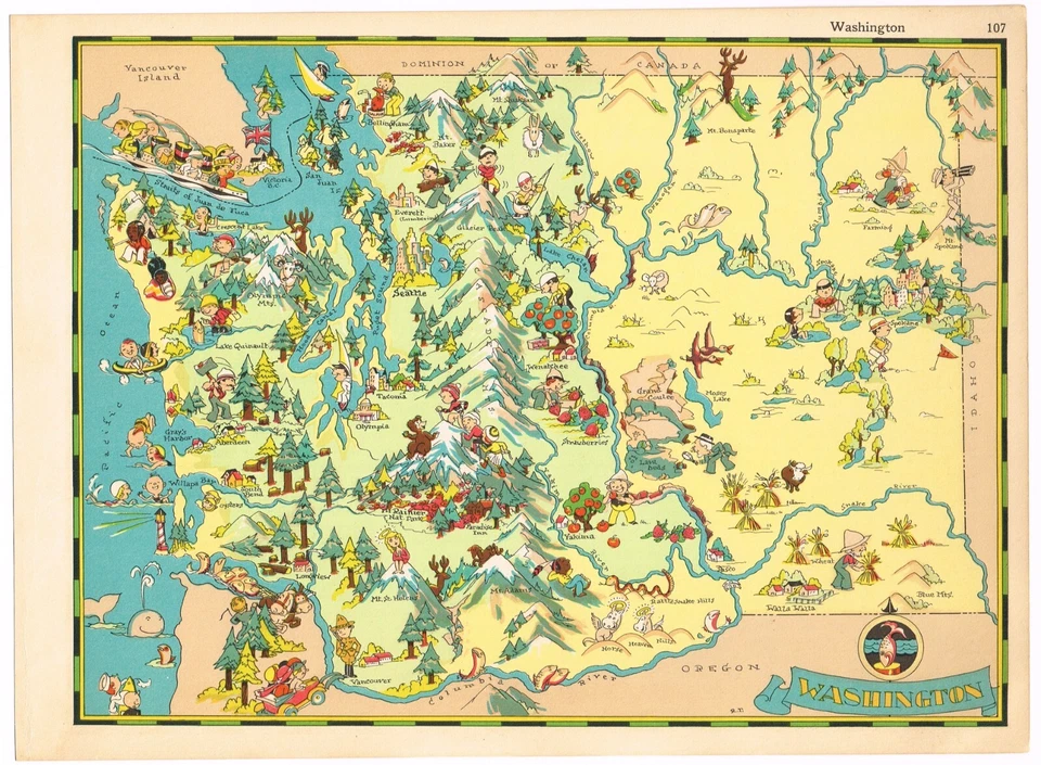 MAPA ORIGINAL 1935 RUTH TAYLOR VINTAGE DIBUJOS ANIMADOS PICTÓRICO WASHINGTON SEATTLE Foto 1 de 1
