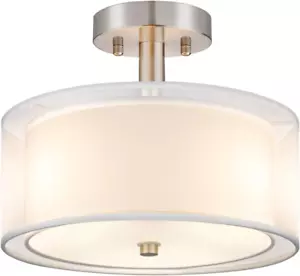 3-Light Semi Flush Mount Ceiling Light Fixture, Drum Light with Double Fabric Sh - Picture 1 of 12