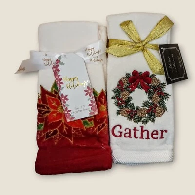 Christmas Fingertip Towels--Cotton--2  Sets of 2 --Embroidered--Pressed--4 TOTAL - Image 1 of 3