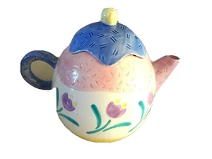 Tetera Applause Ceramic Novety 1993 con tapa-tema de tulipanes-azul/rosa/amarillo-LKN - Imagen 1 de 7