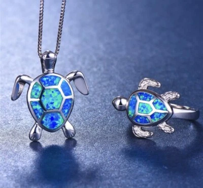 Синий огонь опал черепаха ожерелье и кольцо комплект размер 7 серебро 925 SP подарок 🎁 - Изображение 1 из 4