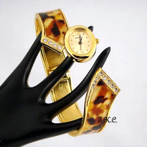 Vintage Art Deco Gold Pltd Crystal Tortoiseshell Slider Hinged Bangle Watch Cuff - Picture 1 of 10