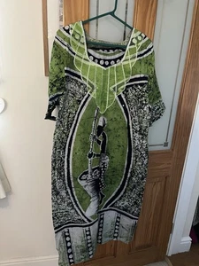 Green, Black And Grey 100% Cotton African Wax Print Dress. One Size - Picture 1 of 6